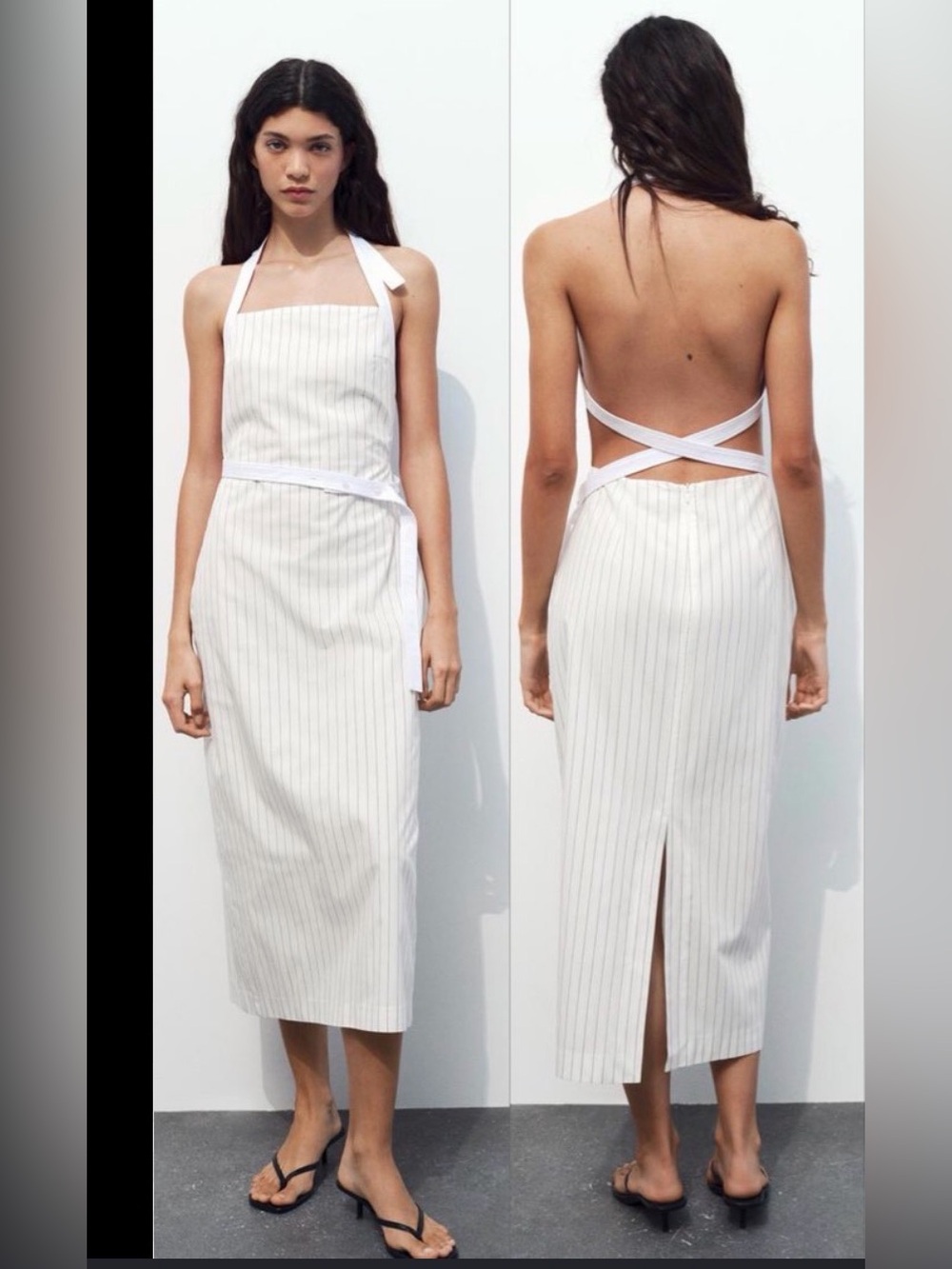 Zara White Pinstripe Halter Backless Midi Dress